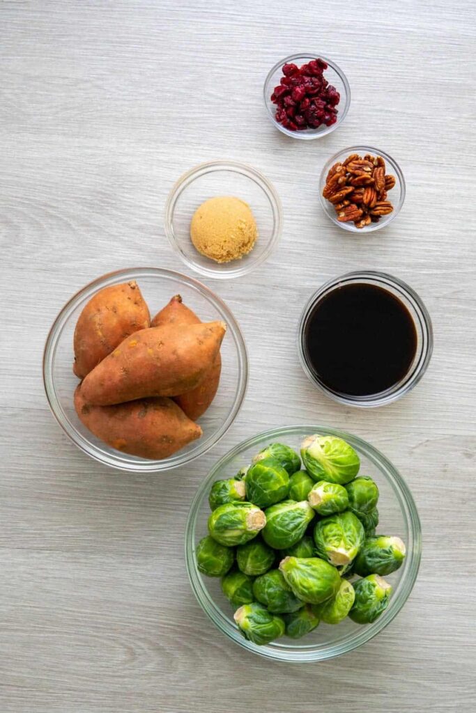 Ingredients for roasted brussel sprouts sweet potatoes recipe.