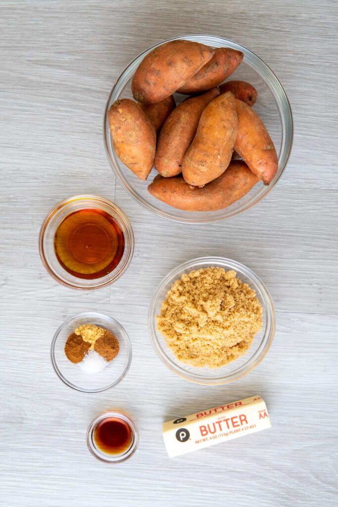 Ingredients for stovetop candied sweet potatoes.