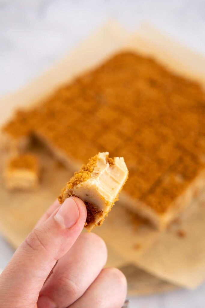 Fingers holding a piece of biscoff fudge with a bite taken out.