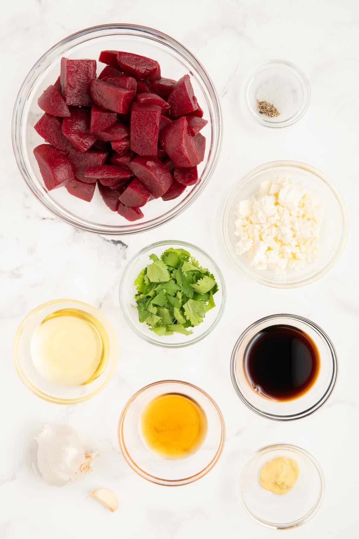 Ingredients needed to make beetroot and feta salad.