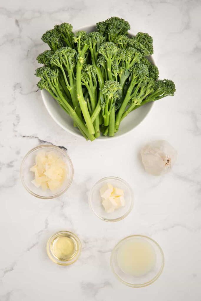 Ingredients needed to make pan fried tender stem broccoli.