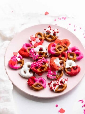 An assortment of chocolate covered pretzels for Valentine's Day.