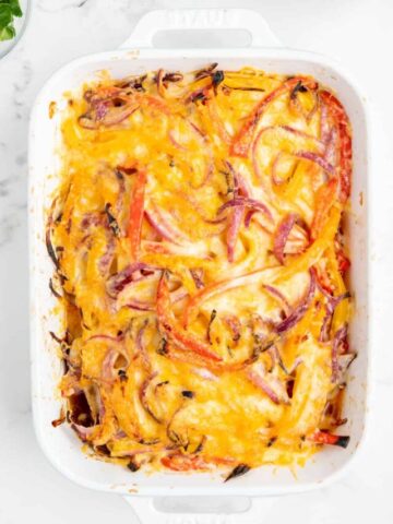 Melted cheese on top of low carb chicken fajita casserole.