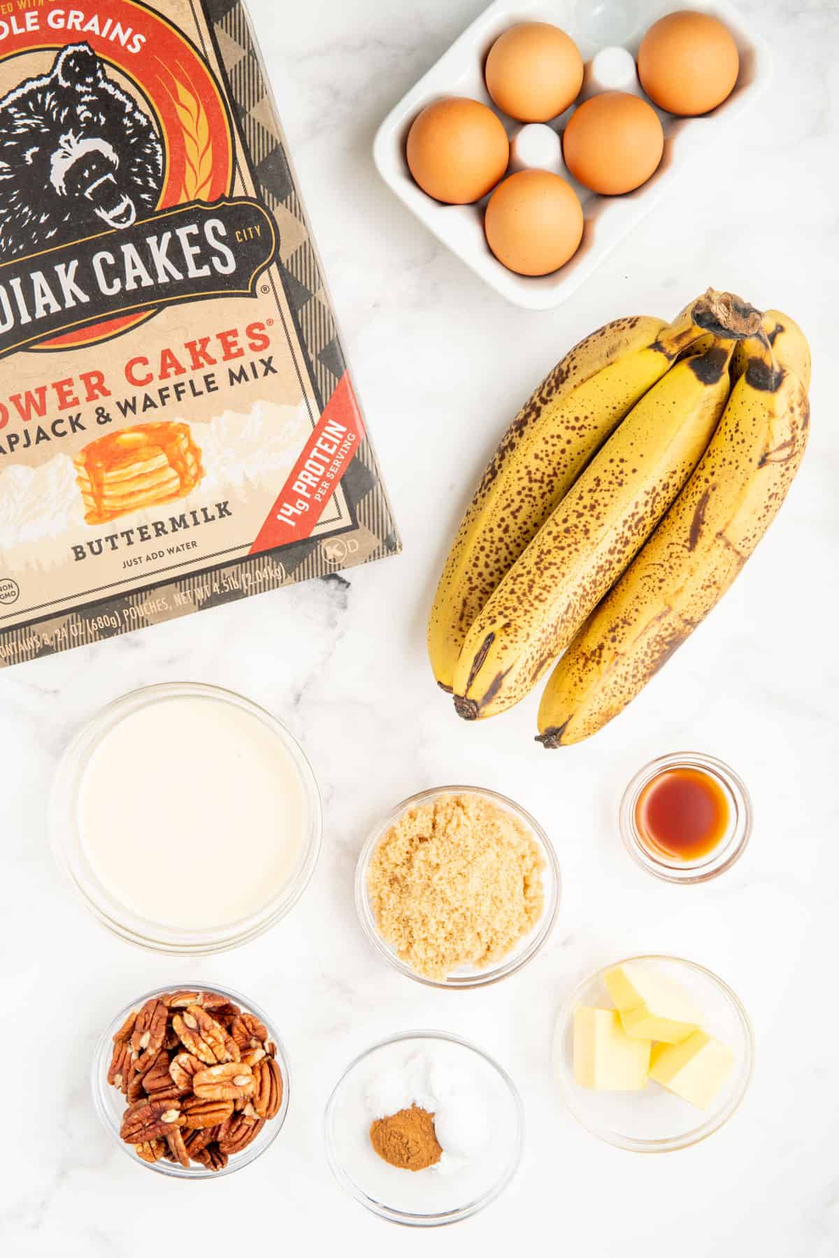 Ingredients needed to make this banana nut Kodiak Cakes muffin recipe.