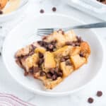Chocolate chip bread pudding served with bourbon vanilla bread pudding sauce.