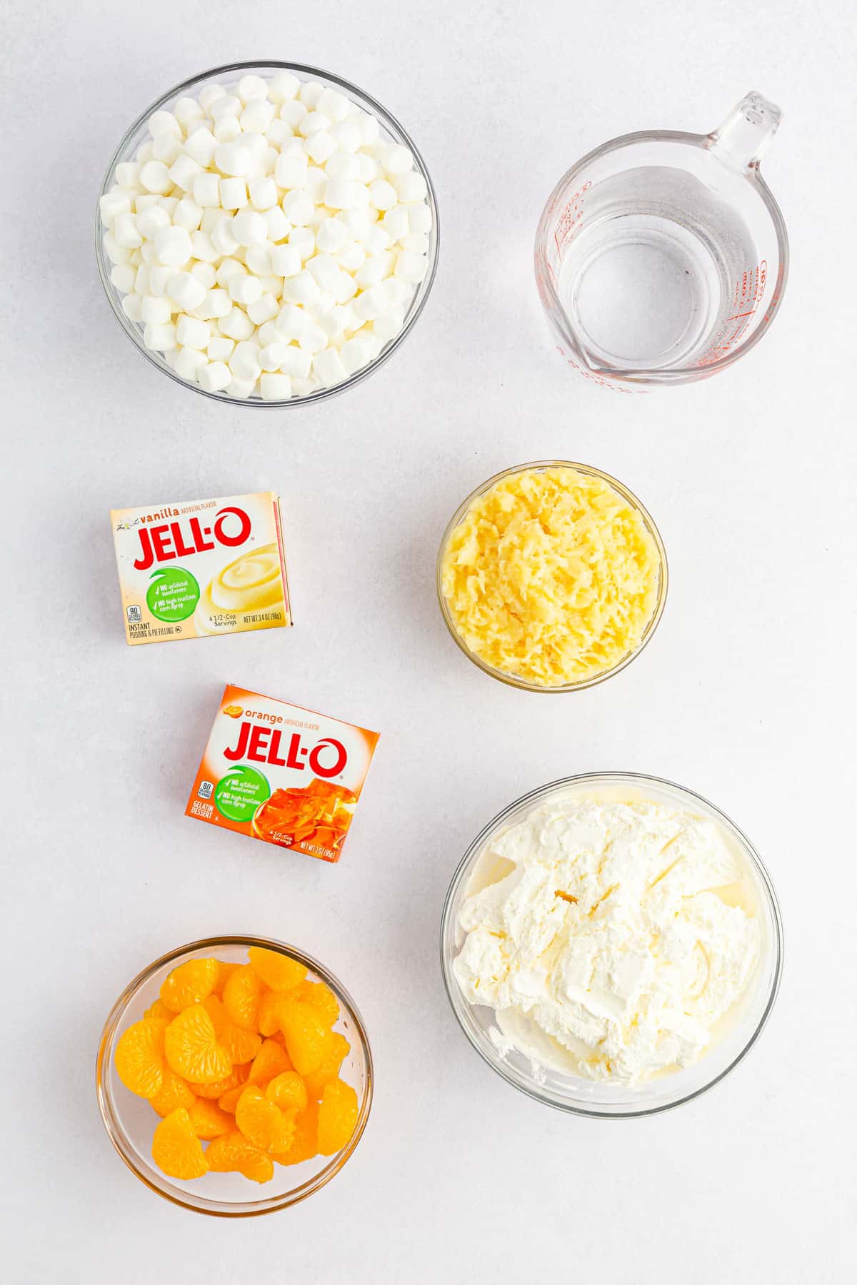 Ingredients needed to make orange fluff salad with Jell-O.