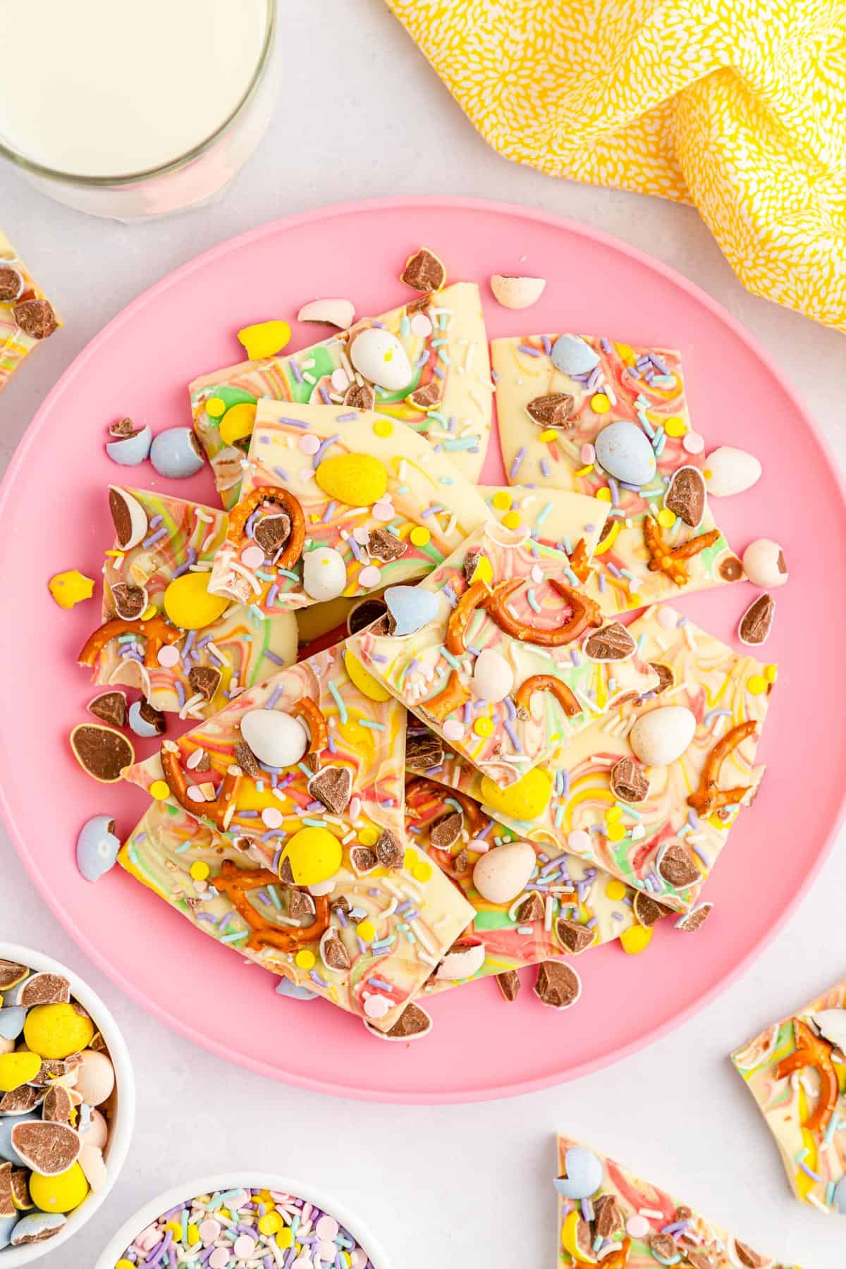 An overhead shot of Easter bark on a pink plate.