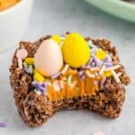 A peanut butter chocolate Easter nest with a bite taken out.