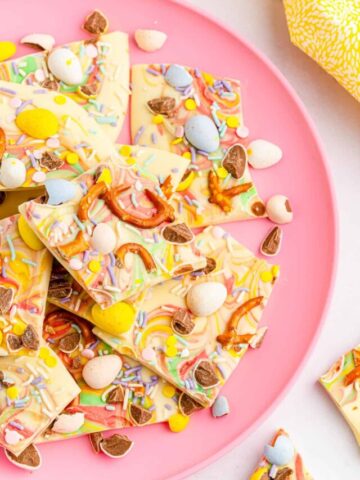 Easter bark with Cadbury mini eggs scattered around.