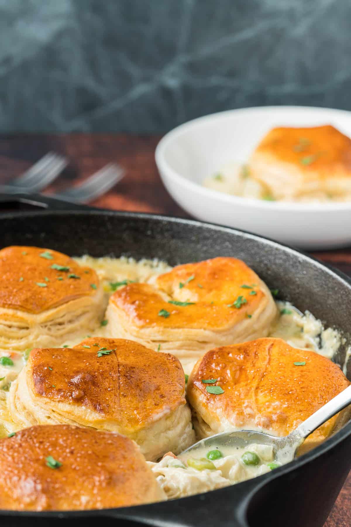 Cast iron pan with chicken pot pie with biscuits.