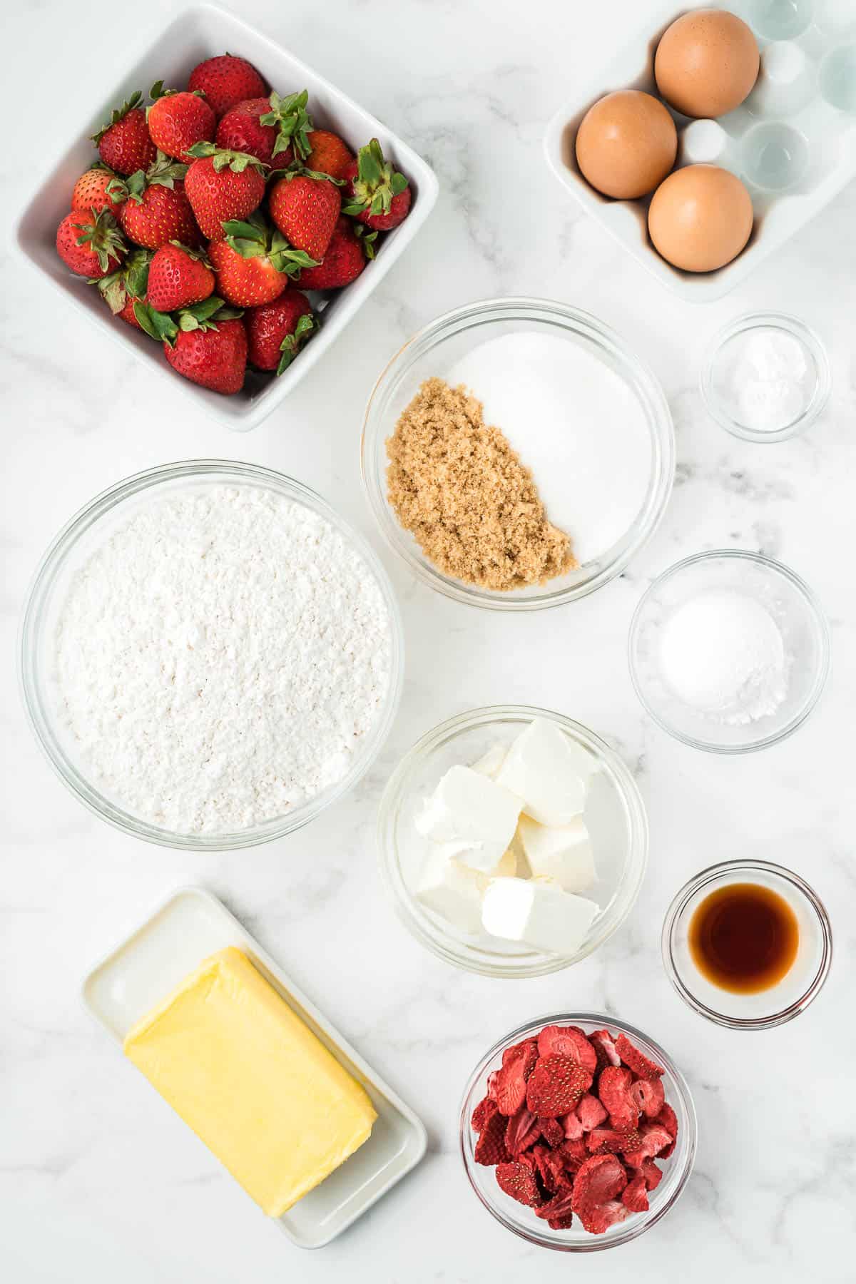 Ingredients needed to make strawberry cheesecake cookies.